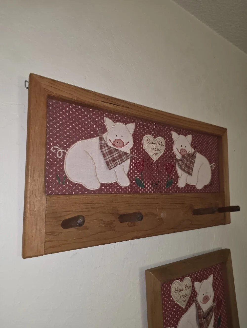 Vintage 1980s Wall Mounted Wooden Hooks Floral Fabric Pig Design